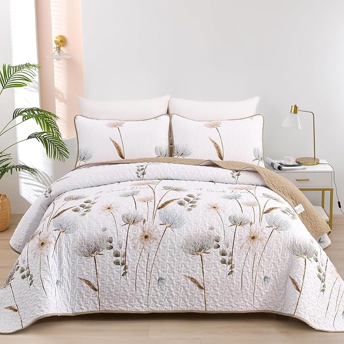 Dinjoy Khaki Quilt Set Full Size, Floral Bedspread Set 3 Pieces Reversible Summer Bedding Set Microfiber Lightweight Bedspread Coverlet Farmhouse Set for Women Girls 78"x90"