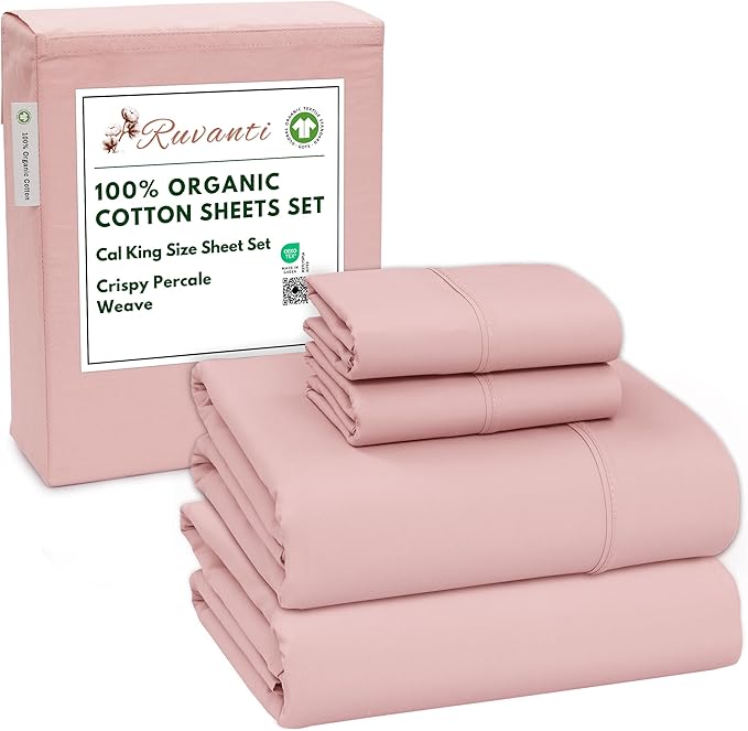 RUVANTI 100% Organic Cotton Sheets California King, Percale Weave, GOTS Certified, 4-Piece Set, Deep Pocket 13", Crisp & Breathable, Soft Durable Bedding, Sábanas Algodón Orgánico – Peach Skin