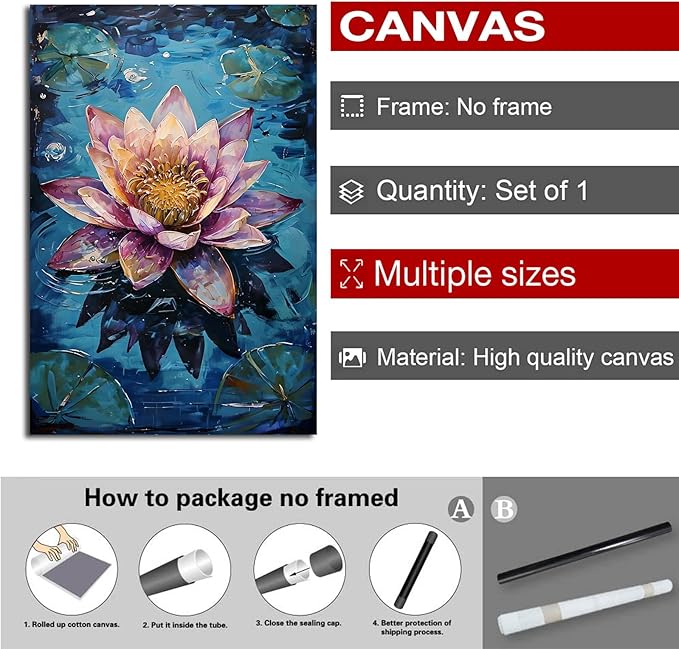 Gorgeous pink and purple water lilies on deep blue water Eye-catching oil painting Serene aquatic wall art for modern home decor 12x18in Frameless