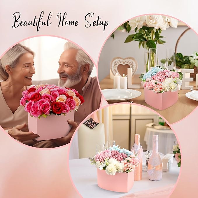 Nuenen Heart Shaped Flower Gift Boxes, Floral Gift Box with Lids Floral Foam Clear Cellophane 9.8 x 9 x 5 Inches for Birthday Wedding Proposal Packaging Arrangements(Pink)