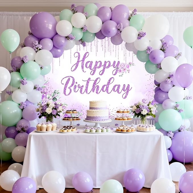 Avezano Happy Birthday Backdrop Banner for Girls Women Happy Birthday Party Decorations Floral Glitters Bday Banner Party Supplies (Purple, 7x5ft)