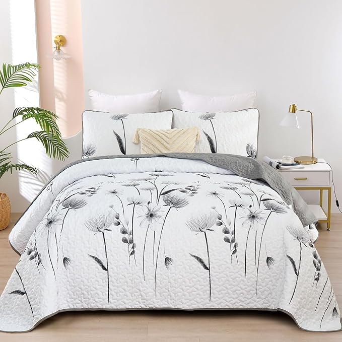 Dinjoy Gray Quilt Set Full Size, Floral Bedspread Set 3 Pieces Reversible Quilted Fall Bedding Set Microfiber Lightweight Bedspread Coverlet Farmhouse Set for Women Girls 78"x90"