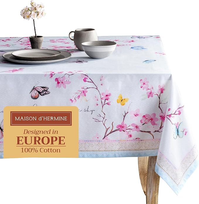 Maison d' Hermine Table Cloth Rectangle Table 100% Cotton 60 x 90 Inches Tablecloth Reusable Decorative for Dining Room, Farmhouse, Home, Party, Festive & Wedding Spring Summer - Blossoms in Spring