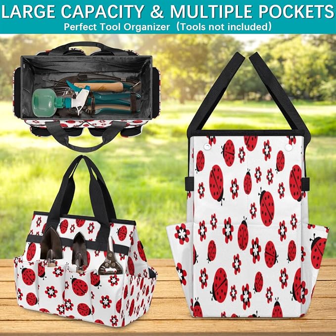 Ladybugs Flowers Garden Tool Tote Bag for Women Men Gardening Tool Storage Bags with 10 Pockets Standable Garden Home Tool Kits Organizer for Indoor Outdoor Gardening Gifts