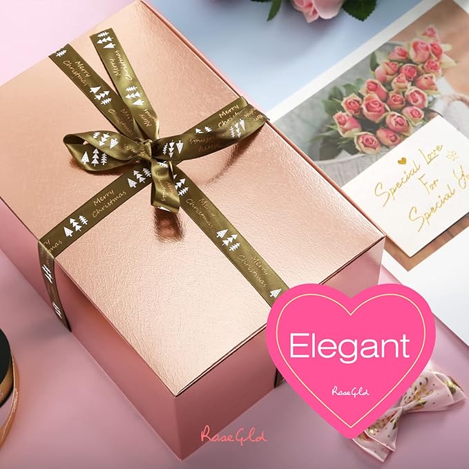 ROSEGLD 30 Gift Boxes with Lids, Rose Gold, Bridesmaid Proposal Boxes - 9.5x6.5x4 Inches, Glossy Grass Texture