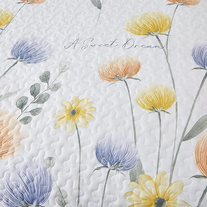 Dinjoy Floral Quilt Set King 3 Pieces Blue & Yellow Quilts Coverlet Set Bohemian Cute Bedspread Lightweight Farmhouse Bed Coverlet for Fall Winter All Season(110"x90")