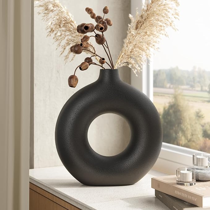 Minimalist Black Donut Ceramic Vase-9 Inch Boho Hollow Flower Vases for Tables Shelves Home Decor, Modern Decorative Circular Vase for Pampas Grass, Dried Flowers, Living Room, Farmhouse