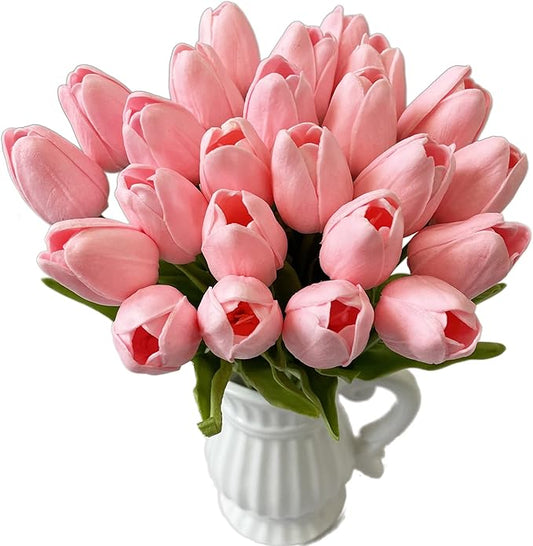UKELER Pink Tulips Artificial Flowers Bulk 24 Pcs Fragrant Real Touch Artificial Tulip Flowers for Home Kitchen Wedding Birthday Party Decorations