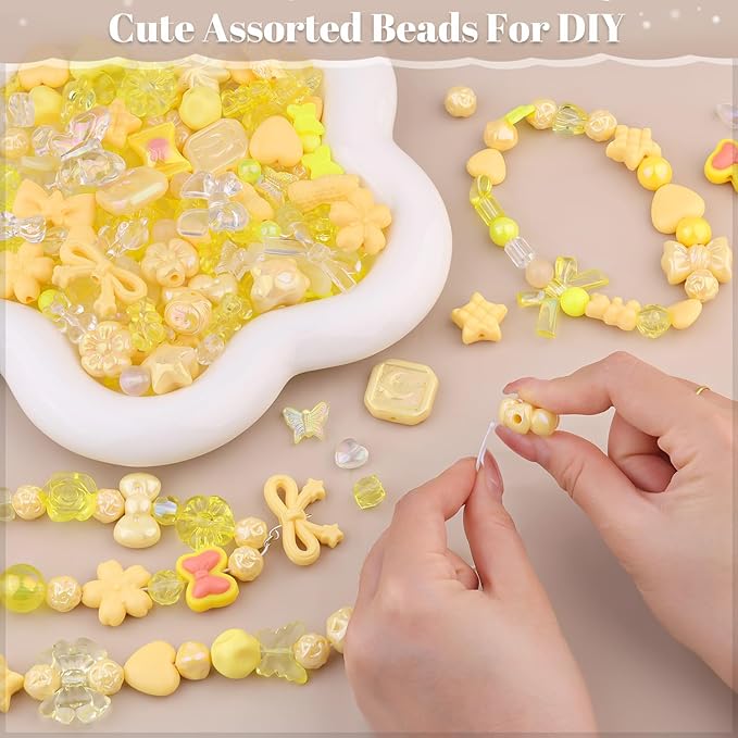 Assorted 200-260PCS Yellow Acrylic Beads for Bracelet Making, Flower Bow Candy GummyBear Bracelet Charms,Cute Beads for Jewelry Making DIY Necklace Keychain Phone Charm Christmas Gift