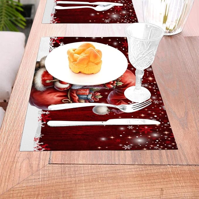 PVC Placemats Set of 6 Wipeable Table Mats Washable Heat Resistant Non Slip Vinyl Dining Table Mat for Kitchen Indoor Outdoor Patio Farmhouse Place Mats Red Santa Claus Gnome Decorative