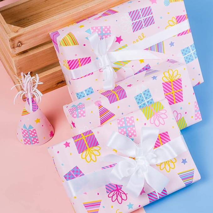 WRAPAHOLIC 30 Inch Girl Birthday Wrapping Paper - Pink Girl Wrapping Paper for Birthday, Holiday, Party, Baby Shower - 30 Inch x 33 Feet