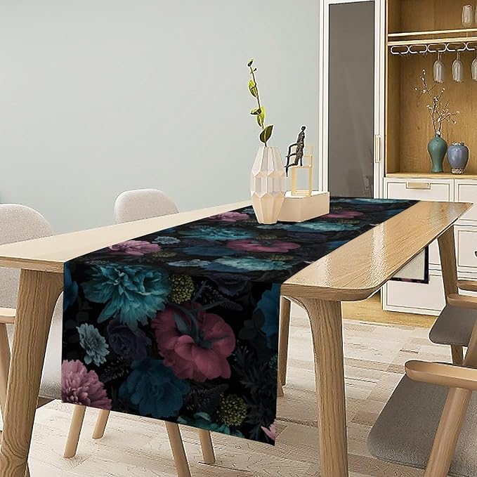 Blue Pink Flowers Table Runner, Boho Rose Flower Blossom Rustic Vintage Garden Peonies Spring Table Runner for Home Kitchen Dining Table Indoor Outdoor Party, 13x60inch