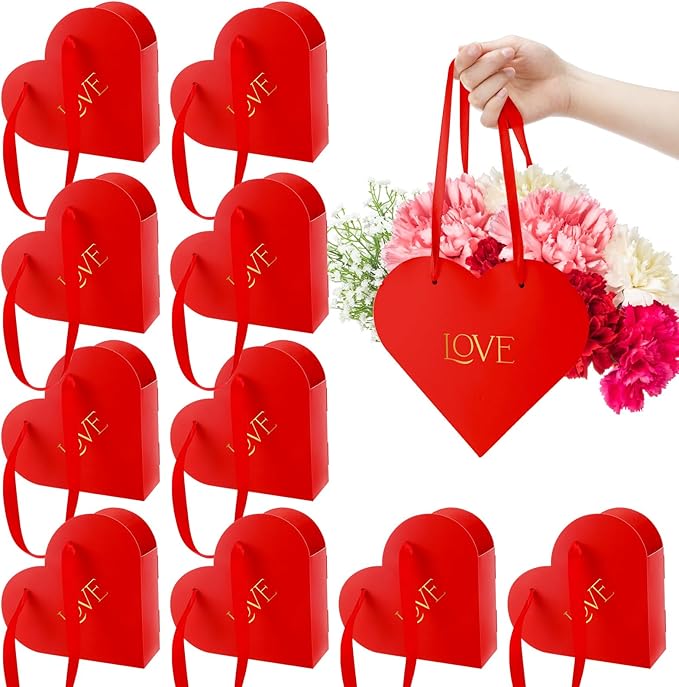 Kolldenn 12 Pcs Heart Shaped Flowers Boxes Christmas Bouquet Storage Bucket Valentine's Day Floral Boxes for Arrangements Paper Floral Bag with Handle Basket Handbag for Florist Bridal Shower(Red)