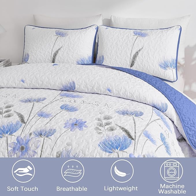 Dinjoy King Size Quilt Set Floral,3 Pieces Blue & White Quilts Coverlet Set Flower Bedspreads Bed Cover Lightweight Summer Quilt Cute Botanical Bedding Sets for King Bed (110"x90")