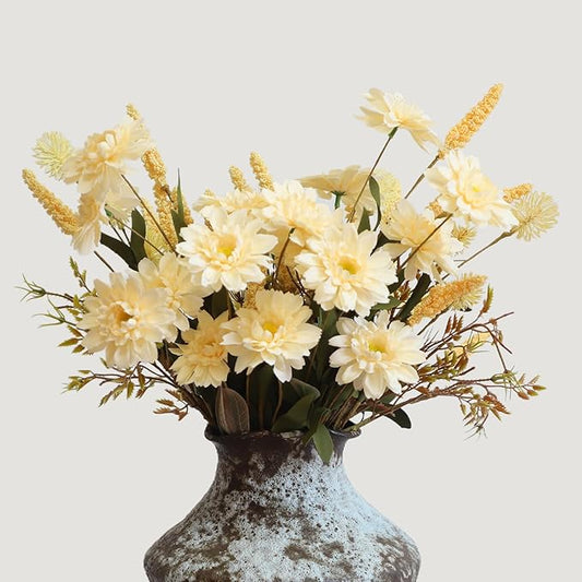 KBREE Artificial Fall Mums Bouquet, 4 Bunches Handmade Faux Daisy Flowers with Grain Stems & Foxtail, 17.7" Natural Farmhouse Mums Bouquets for Autumn Home Decor & Table Centerpieces (Pale Yellow)