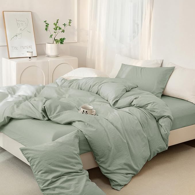 JIYUAN 100% Washed Cotton Duvet Cover Set 3 PCS Oversized Queen, 1 Duvet Cover 98"x98" (Comforter Not Included) and 2 Pillowcases,Linen Feel Bedding Set Comfy and Breathable, Heathered Sage Green