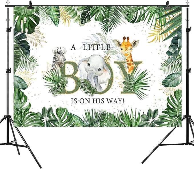 10x8ft Baby Shower Backdrop A Little Boy is On His Way Photography Background Jungle Animals Elephant Giraffe Green Gold Leaves Kids Party Banner Decorations Newborn Parties Photo Booth Prop
