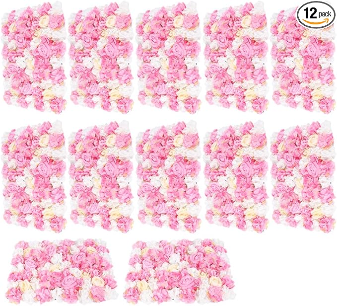 16"x 24" Artificial Flower Wall Panels,Flower Wall Mat Silk Flower Panels for Outdoor Garden Backyard Fence Fence Privacy Screen and Indoor Wall Decor(12Pcs Pink+Light Yellow+White)