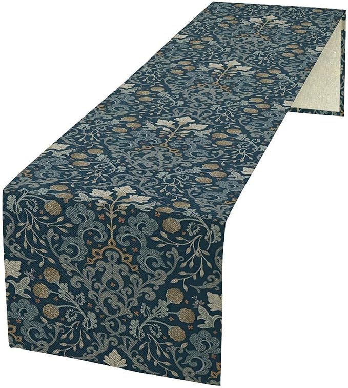 Vintage William Morris Table Runner, Rustic Country Farmhouse Blue Botanical Floral Boho Table Runner for Kitchen Dining Home Party Wedding, 13x90 Inch