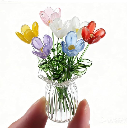 Mini Glass Flower Bouquet with Vase Colorful Artificial Wildflowers Sculpture Spring Floral Arrangement Figurine Artwork Table Centerpiece Home Decor Gift for Mom and Friends
