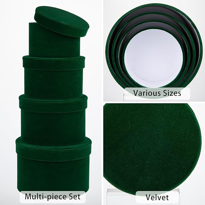 GnFlus Round Gift Boxes with Lids for Presents Set of 4 Green Velvet Nesting Gifts Box for Arrangements Flowers Wedding Birthday Valentines Bridesmaid Christmas Party Anniversary