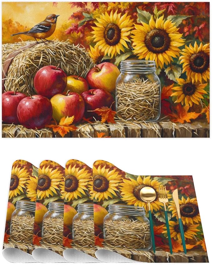 Autumn Apple Flower Sunflower Placemats Set of 1 PVC Vinyl Non Slip Table Mats Heat Resistant Place Mats Washable Wipeable Dining Table Mat for Kitchen Decor Party Indoor Outdoor Decorative Gift