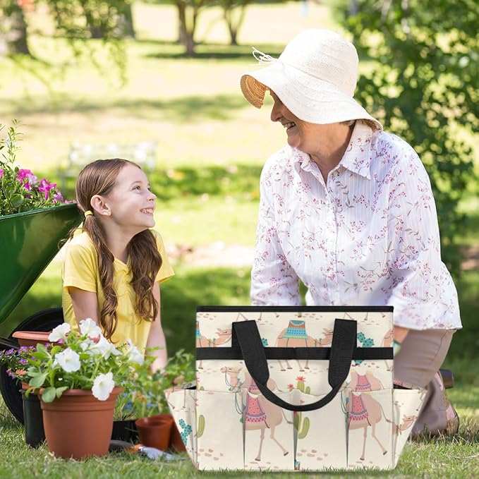 Garden Tool Tote Bag for Women Men Cartoon Camel Cactus Gardening Tool Storage Bags with 10 Pockets Standable Garden Home Tool Kits Organizer for Indoor Outdoor Gardening Gifts