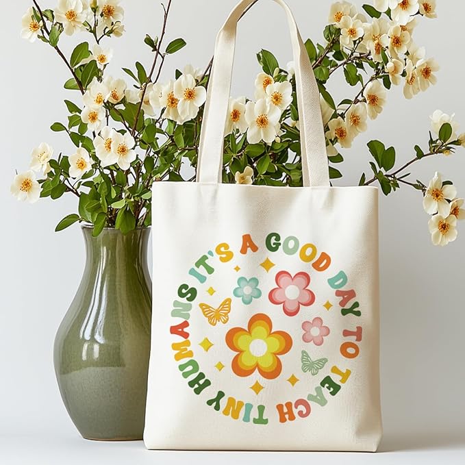 ANATTASOUL Canvas Tote Bag Boho Letter Reusable Cotton Bag for Women, Durable Cloth Shoulder Bags with Zipper Pockets for Shopping, Vacation, Work, Gym
