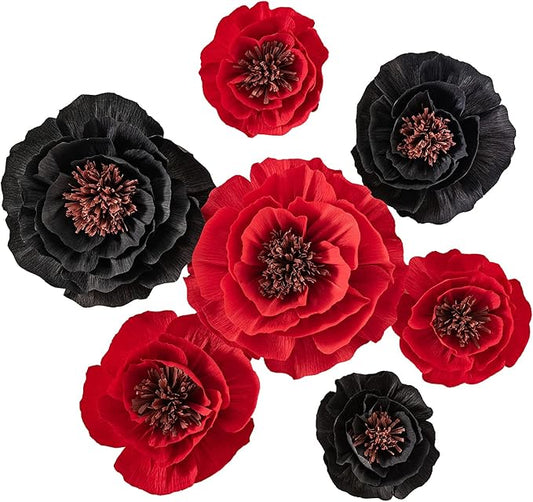 Artificial Paper Flower Decorations for Wall Backdrop Wedding, Giant Paper Flowers, Handcrafted Flowers for Birthday Baby Shower Bridal Shower Nursery Decor(Black & Red Set 7)