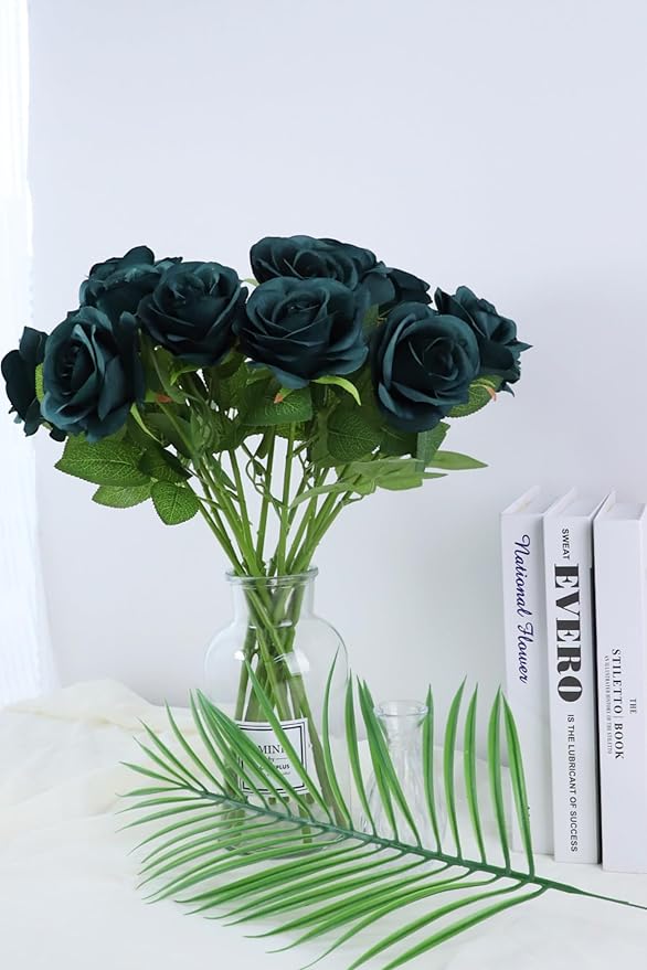 12pcs Roses Artificial Flowers Peacock Green Roses Flowers with Long Stems Silk Flowers for Wedding Bouquet Centerpices Decorations Party Bridal Baby Shower Home Décor Fake Roses