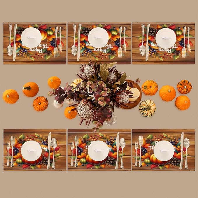 Thanksgiving Pumpkin Holiday Rainbow Placemats Set of 4 PVC Vinyl Non Slip Table Mats Heat Resistant Place Mats Washable Wipeable Dining Table Mat for Kitchen Party Indoor Outdoor Decorative Gift