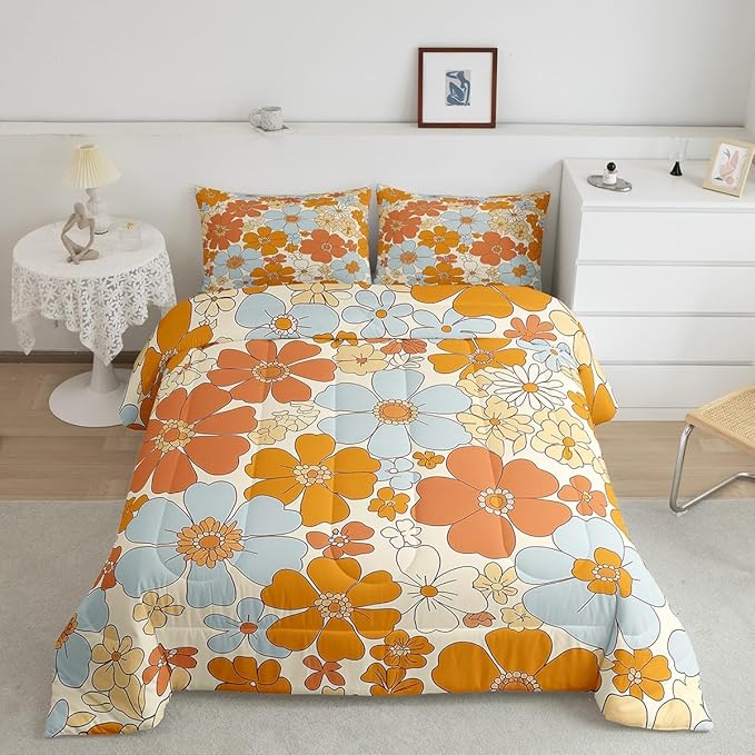 Retro 70s 60s Floral Hippie Bedding Set King Size,Summer Groovy Flowers Comforter Set Room Decor for Couple,Boho Plant Microfiber Down Comforter,2 Pillowcases