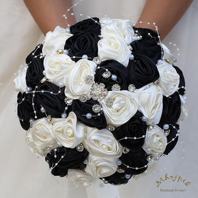 Bridal Wedding Bouquet Round Bling Brooch Bouquet Throw Toss Artificial Rose Flower Bunch for Bride Bridesmaid Wedding Quinceanera(Black & Ivory, 6.3")