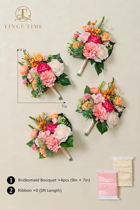 TINGE TIME 7 Inch Artificial Flowers Wedding Bouquets for Bridesmaid, Set of 4, Tropical Bride Tossing Bouquet for Summer Wedding Ceremony Bridal Shower Rehearsal Dinner Vintage Party