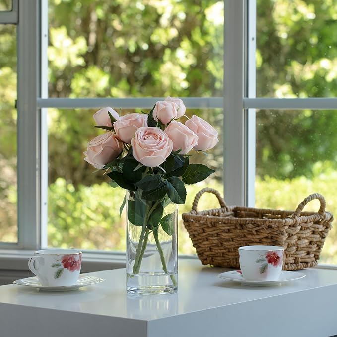 ENOVA FLORAL 9 Heads Silk Rose Artificial Flowers in Vase,Faux Rose Flowers Arrangement in Vase with Faux Water for Table Decor Centerpieces (Light Pink)