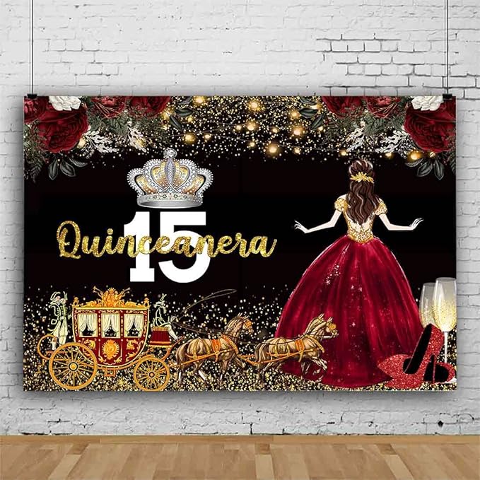 Red Dress Rose Flower Backdrops Quinceanera Birthday Backdrop for Girl Princess Happy 15th Bday Carriage Photography Props Cake Table Banner 5x3ft RBJLSLU32