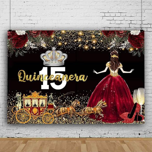 Red Dress Rose Flower Backdrops Quinceanera Birthday Backdrop for Girl Princess Happy 15th Bday Carriage Photography Props Cake Table Banner 5x3ft RBJLSLU32
