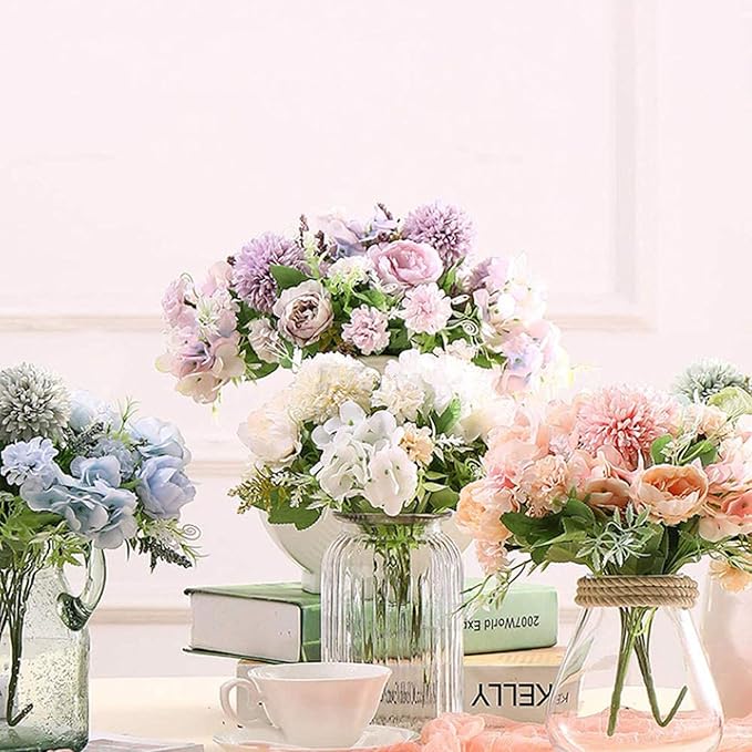 DDcafor Artificial Flowers, 4 Packs Pink Fake Peony Silk Hydrangea Bouquet Decor Plastic Carnations Daisy Realistic Flower Home Office Party Decor Arrangements Wedding Decoration Table Centerpieces