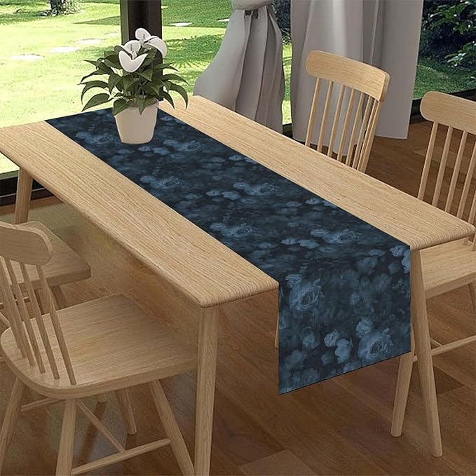 Gothic Floral Table Runner, Retro Dark Blue Flower Garden Witchy Rose Print Coffee Table Center Decor for Home Kitchen Dining Patio Holiday Party Indoor Outdoor Table Decorations 13x72 inches