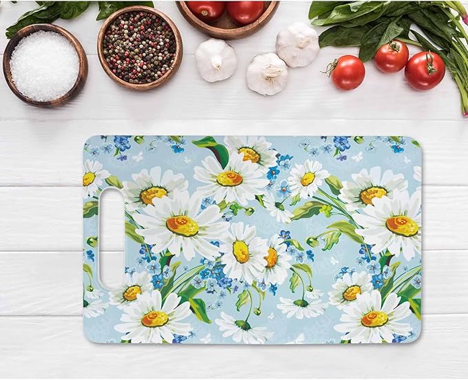 Bright Floral Cutting Board White Blue Flower Chrysanthemum Grip Handle Chopping Boards Cutting Board for Kitchen Plastic 16" x 10" x 0.24"