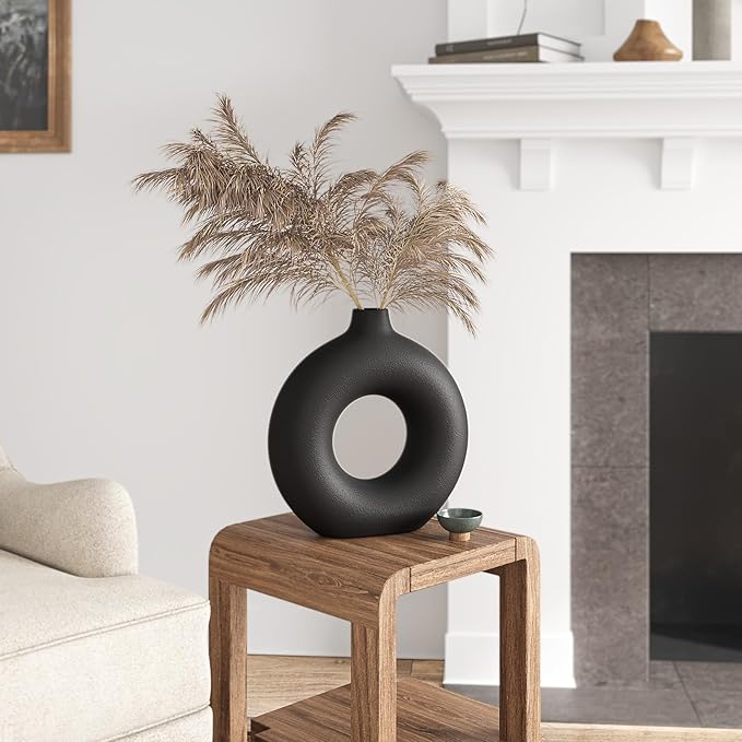 7.6 Inch Black Donut Vase for Pampas Grass, Modern Hollow Ceramic Vase for Table, Mantle, Minimalist Nordic Industrial Style Decorative Vase for Home Decor, Living Room, Farmhouse, Office