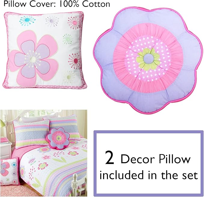 Cozy Line Home Fashions Pink Lavender Green Floral Print Girl 100% Cotton Reversible Quilt Bedding Set, Coverlet, Bedspread (Blossom, Twin - 4 Piece)