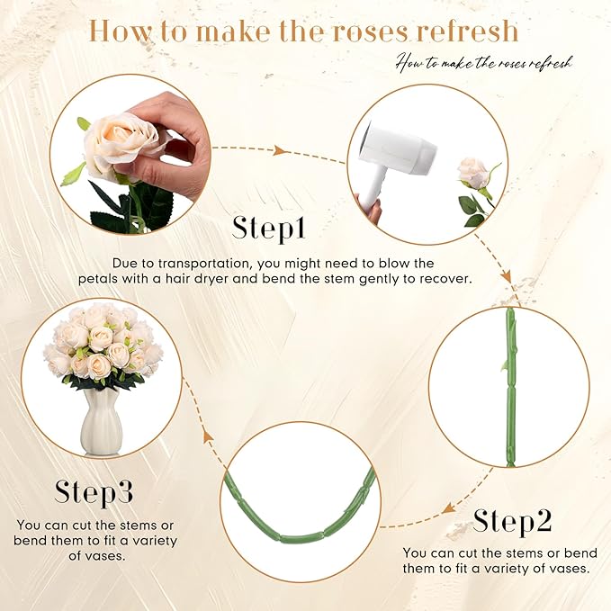 Hotop 40 Pcs Rose Artificial Flowers Bulk with Long Stem,Realistic Silk Fake Roses Bouquet for Home Wedding Centerpieces Party Table Decoration Valentines Gifts(Cream)