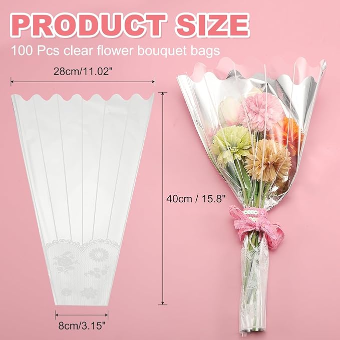 YELARXI Clear Flower Wrapping Bags, Transparent Flower Packaging Bag Waterproof Bouquet Sleeves with Lace - Fitting for (Florists/Floral Arrangements Supplies), 11.0x3.1x15.7 Inch & 100Pcs