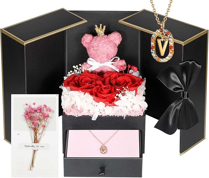 Birthday Gifts for Mom from Daughter, Son, Preserved Real Roses with Initial Necklace V, Meaningful Anniversary Present for Girlfriend Wife Women