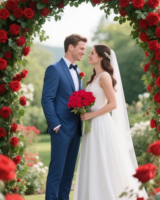 LFF Premium Artificial Classic Red Roses - 50Pcs Realistic Velvet Faux Roses with Long Stems for Wedding Bouquets, Centerpieces, Proposals & Home Decor(Red)