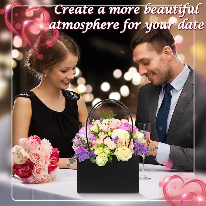 ZSDRTYU Kraft Paper Flower Gift Bags, 12 Pack Floral Gift Bags Wedding Floral Paper Flower Packing bag, Bouquet Bag Box With Handle Waterproof Flower Boxes For Wedding Birthday, Black, Pink