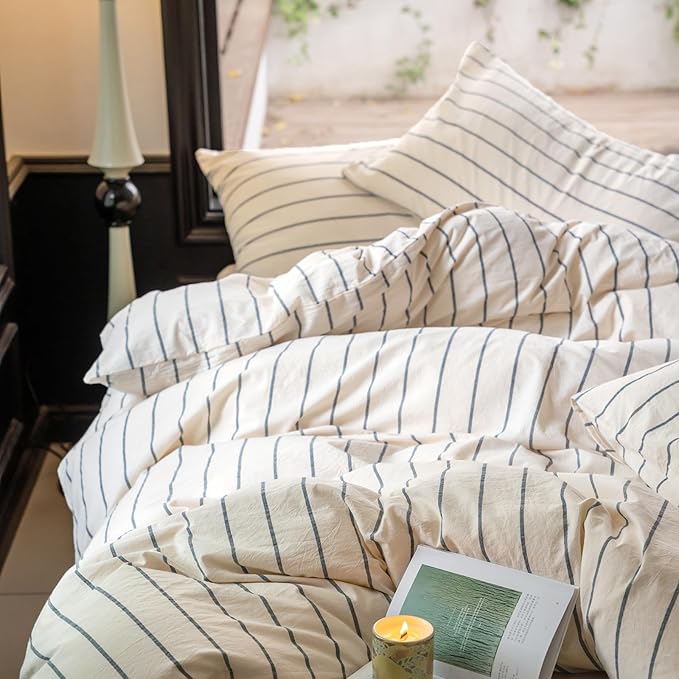 LifeTB Striped Comforter Set King Size Grey Stripes Pattern Printed Comforter 3 Pieces Lightweight Boho Bedding Comforter Set for All Seasons Breathable Soft Fluffy Beige Comforter with 2 Pillowcases