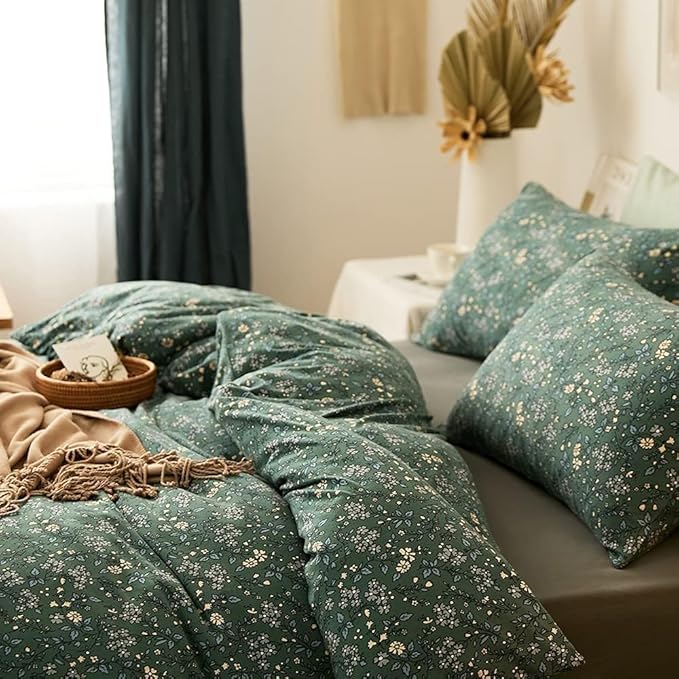 Vintage Green Floral Duvet Cover Twin XL Jersey Knit Cotton Chic Floral Bedding Set Garden Style Flower Botanical Duvet Cover Cottagecore Pillowcases
