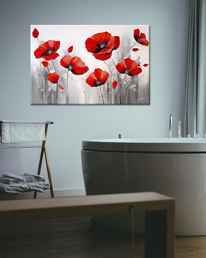 GLOKAK Red Poppies Wall Art - Modern Floral Red Poppy Flower on Grey Background Painting - Poster Canvas Print Artwork for Home, Bathroom, Bedroom Decoration (18"x12")